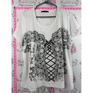MXM tshirt corset bustier lace up White Short Sleeve Tee with Black Lace Print